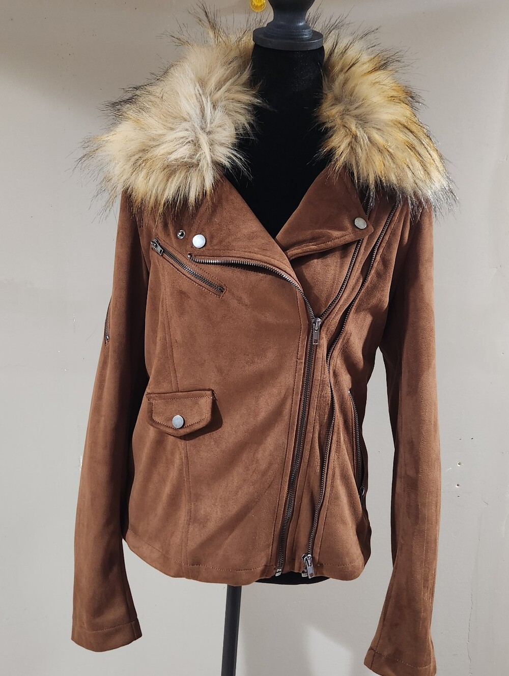 John+jenn asymmetrical zip faux suede moto jacket featuring a prominent, contras